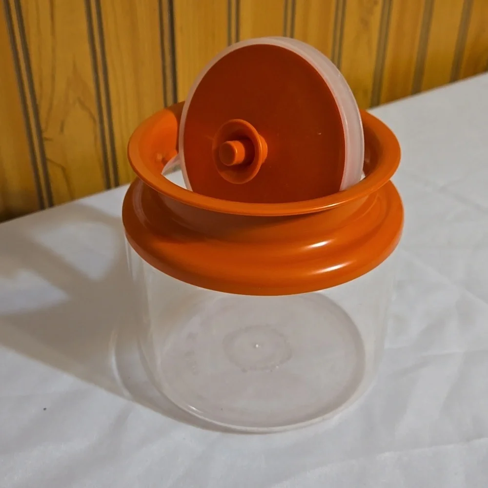 Vintage Tupperware 1477, Clear Acrylic Canister, Orange, Sealable Plunger Top